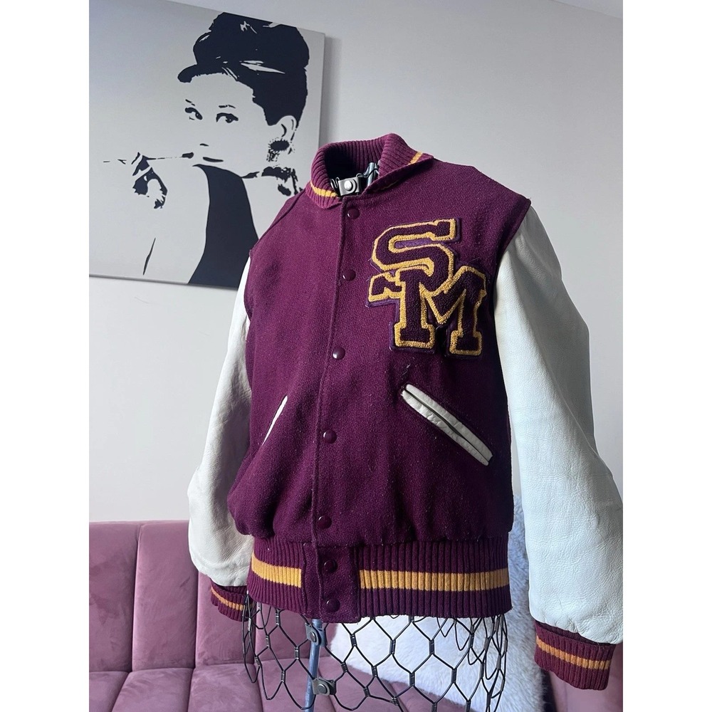 Vintage DeLong Varsity Jacket Burgundy Wool Cream Leather‎ Sleeves Size 38 SM